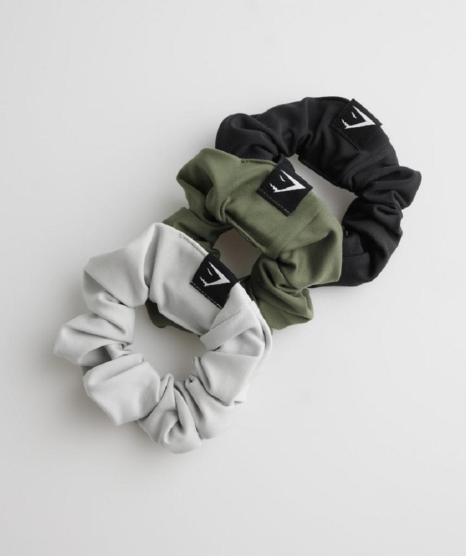 Gymshark Scrunchies 3Pk Accessories Šeširi Crne Maslinasto Zelene Svijetlo Sive | HR 2062HAP